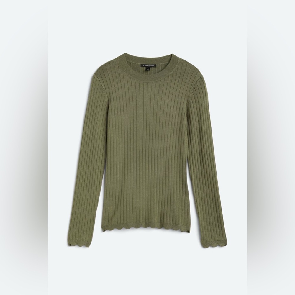 Kelsey Dark Green Scallop Trim Ribbed Crewneck Sweater (NWT)